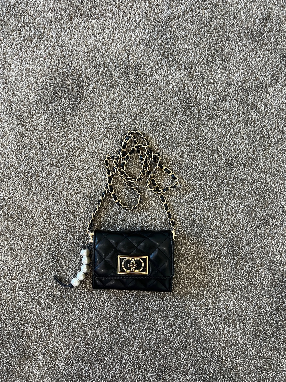 Aldo Black Quilted Crossbody with Gold Chain and Turn-Lock Accent